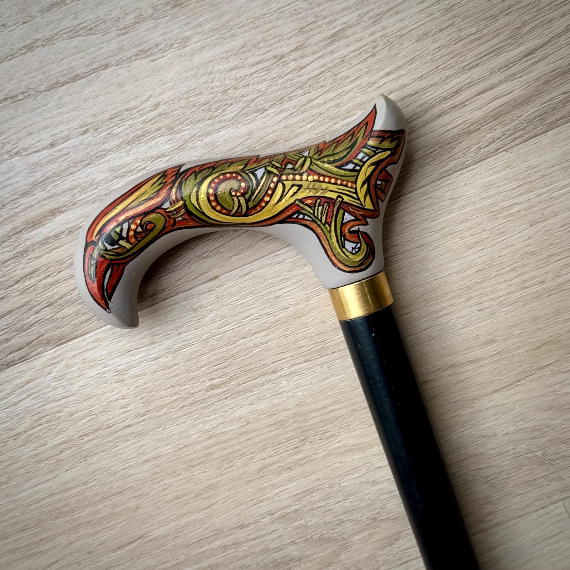 Celtic Raven Walking Stick – Hand Painted Wooden Cane, Brass decor, Derby Handle – 36