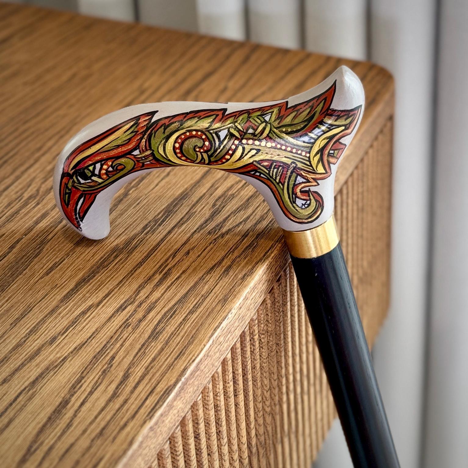 Celtic Raven Walking Stick – Hand Painted Wooden Cane, Brass decor, Derby Handle – 36