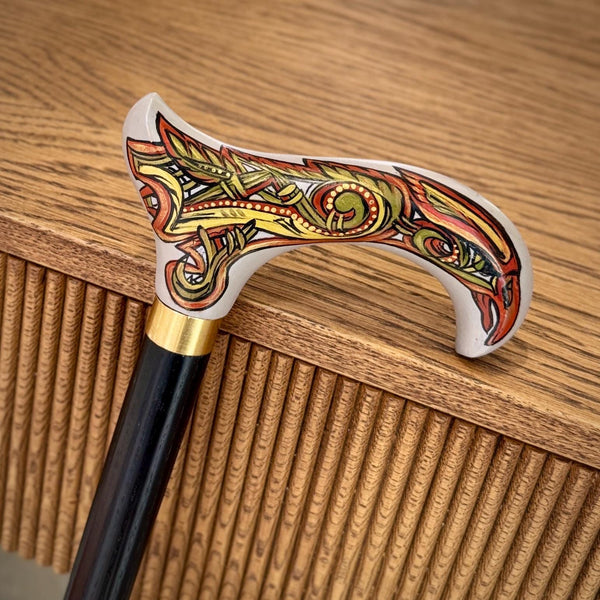 Celtic Raven Walking Stick – Hand Painted Wooden Cane, Brass decor, Derby Handle – 36"