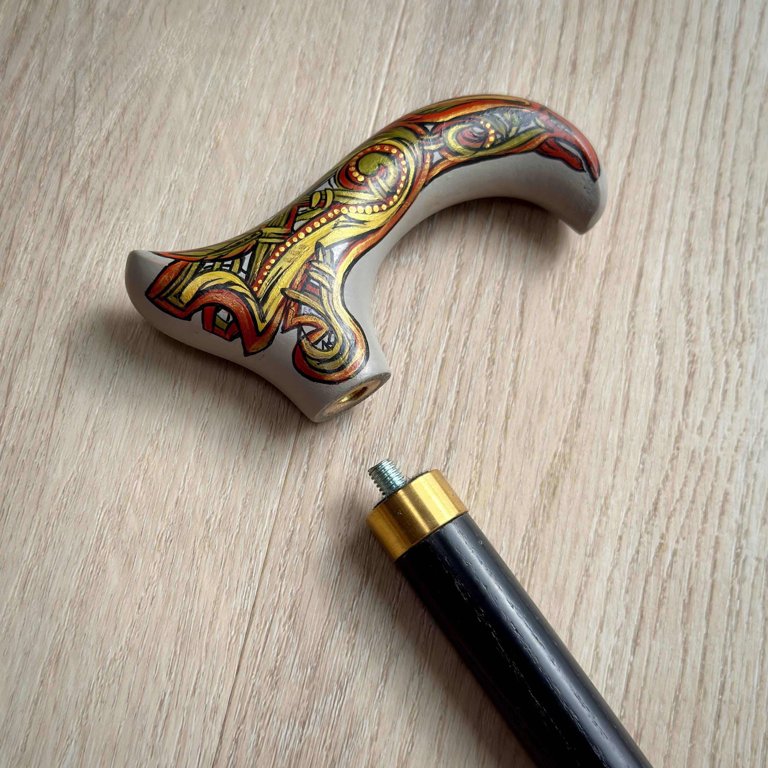 Celtic Raven Walking Stick – Hand Painted Wooden Cane, Brass decor, Derby Handle – 36