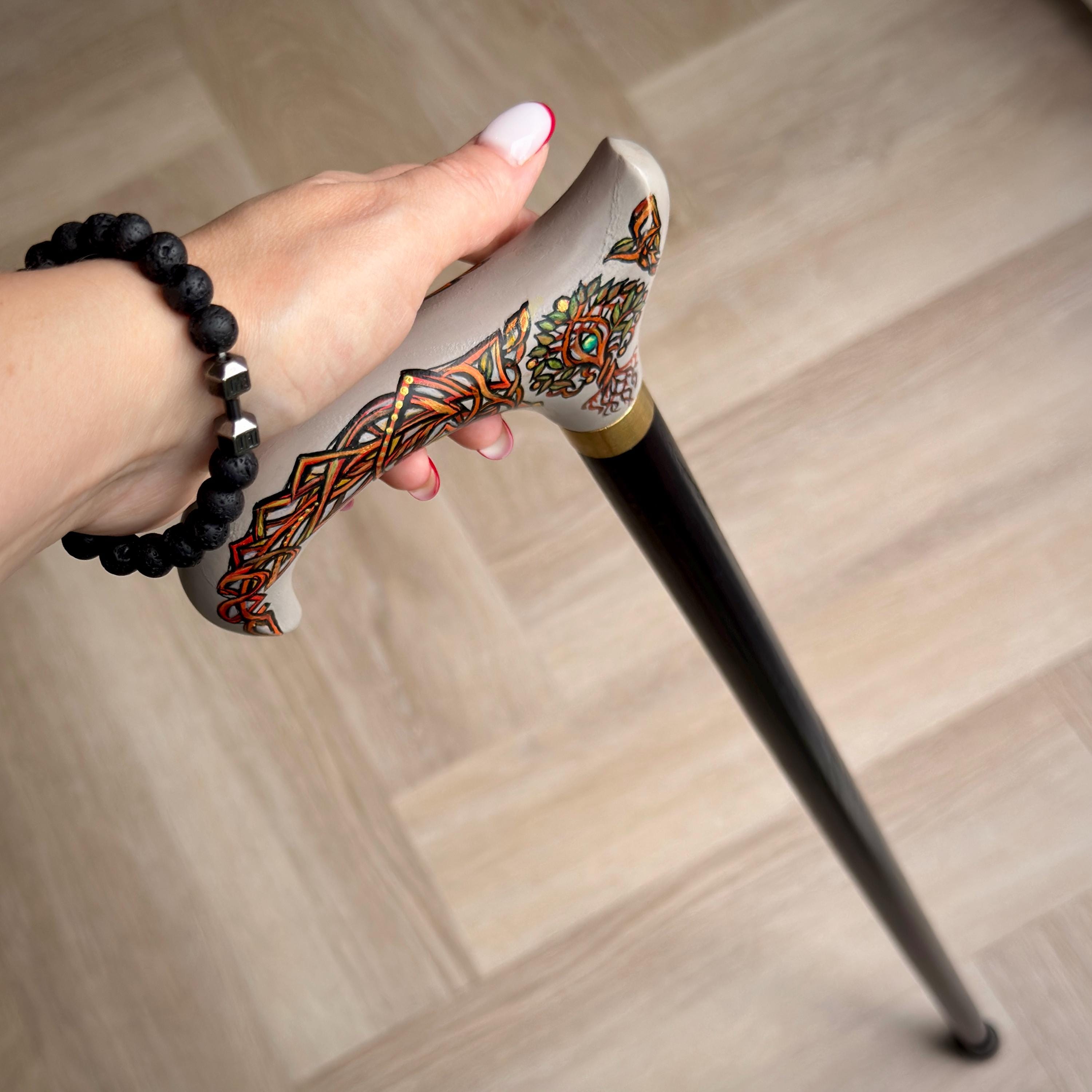 Celtic Raven Walking Stick – Hand Painted Wooden Cane, Brass decor, Derby Handle – 36