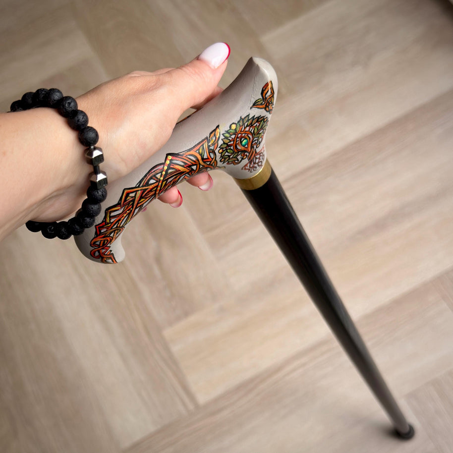 Wooden Walking Stick Cane – Celtic Style Derby handle with Hand Painted Life Tree, Brass collar, Classic design – 36
