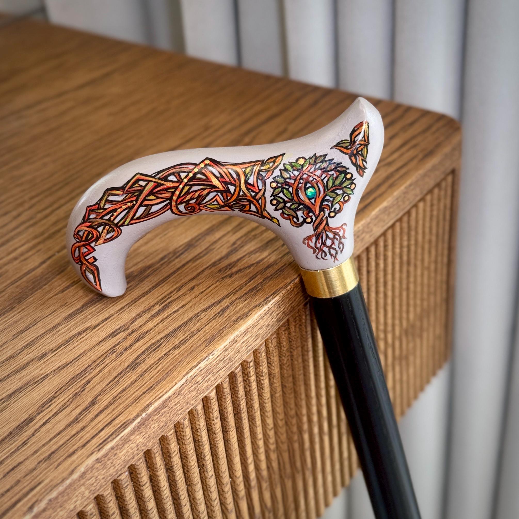 Wooden Walking Stick Cane – Celtic Style Derby handle with Hand Painted Life Tree, Brass collar, Classic design – 36