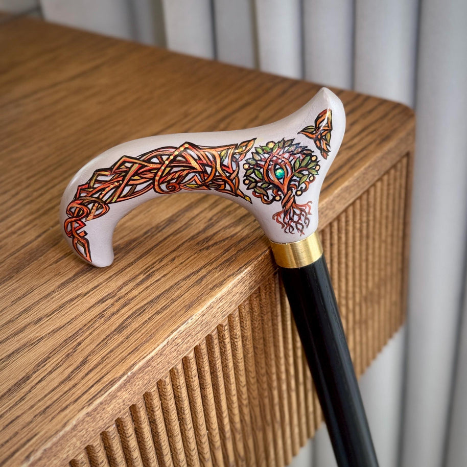 Wooden Walking Stick Cane – Celtic Style Derby handle with Hand Painted Life Tree, Brass collar, Classic design – 36
