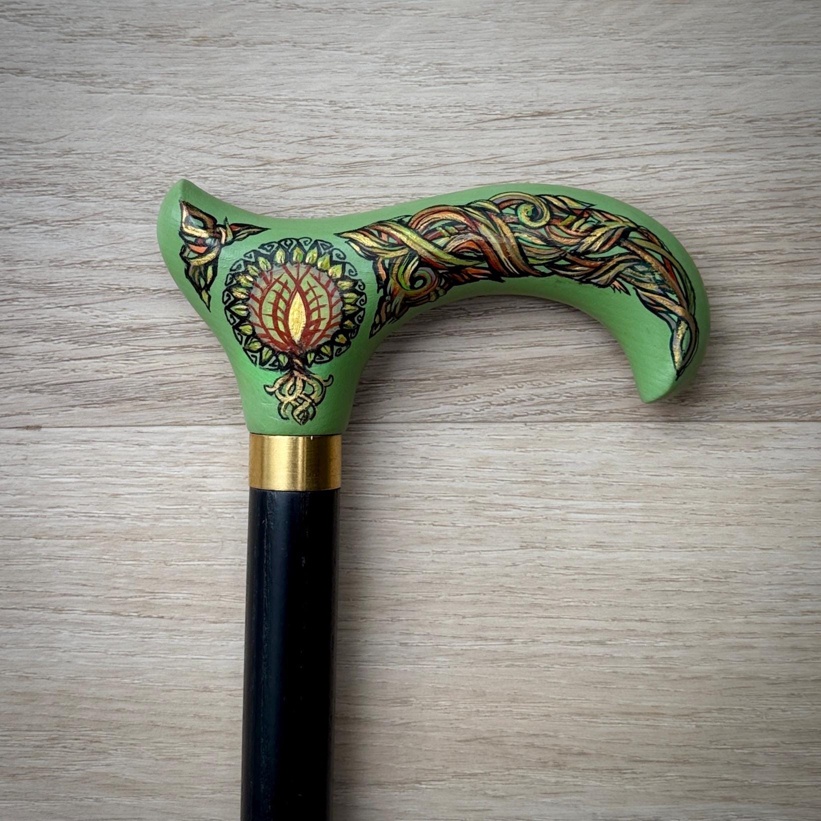 Wooden Walking Stick Cane – Celtic Style Hand Painted Tree of Life