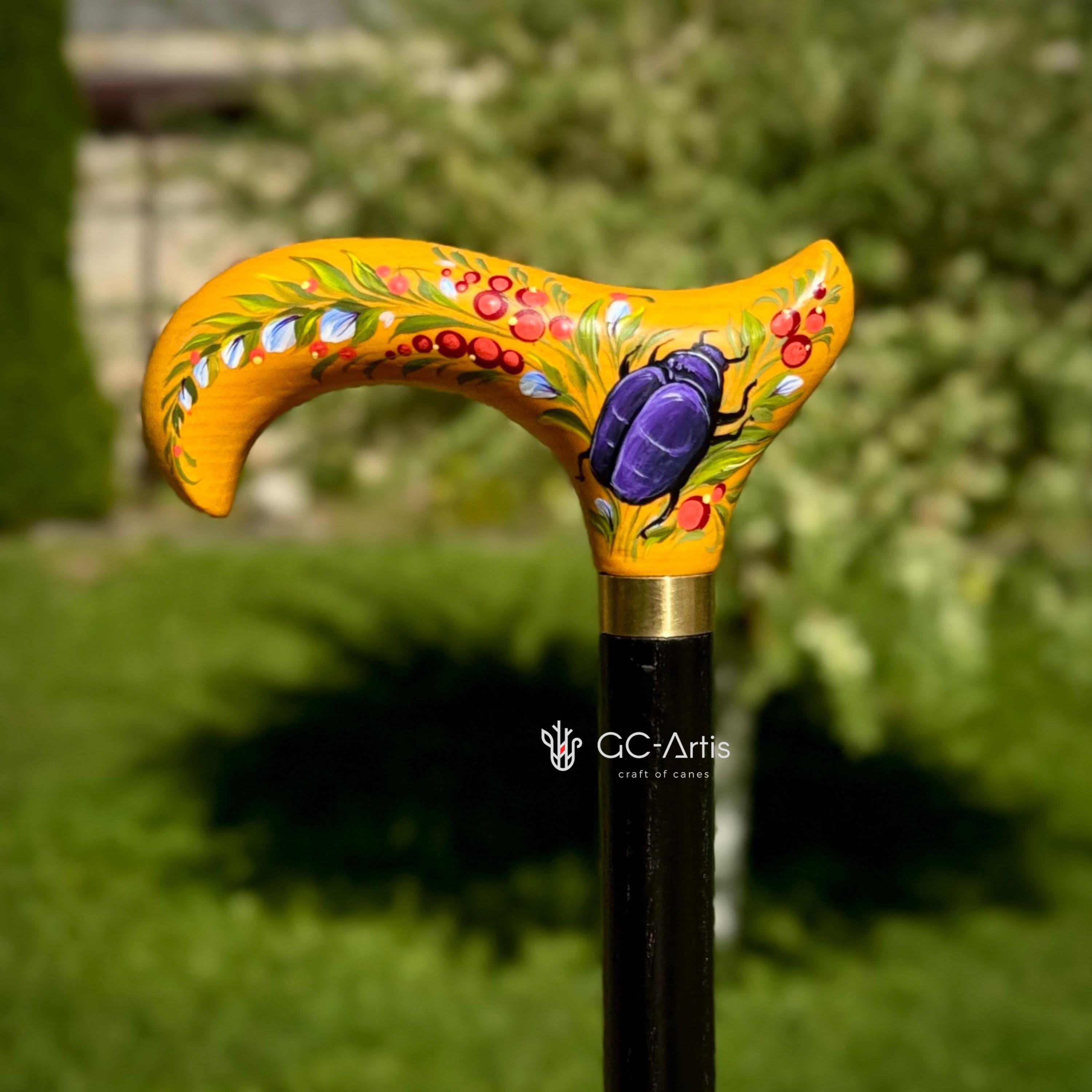 Hand-painted Walking Stick Cane with Bronze beetle - yellow derby handle, floral decoration, stylish gift - GCArtis - Classic Wooden Canes - Bronze, wood