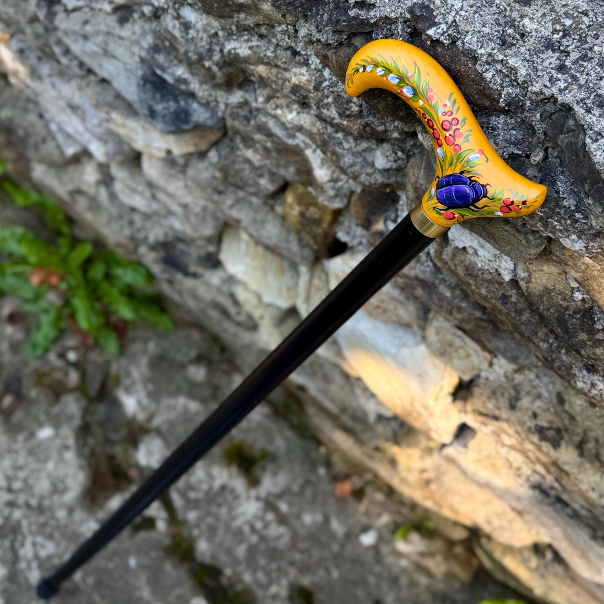 Hand-painted Walking Stick Cane with Bronze beetle - yellow derby handle, floral decoration, stylish gift - GCArtis - Classic Wooden Canes - Bronze, wood
