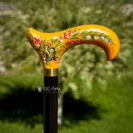 Hand-painted Walking Stick Cane with Bronze beetle - yellow derby handle, floral decoration, stylish gift - GCArtis - Classic Wooden Canes - Bronze, wood