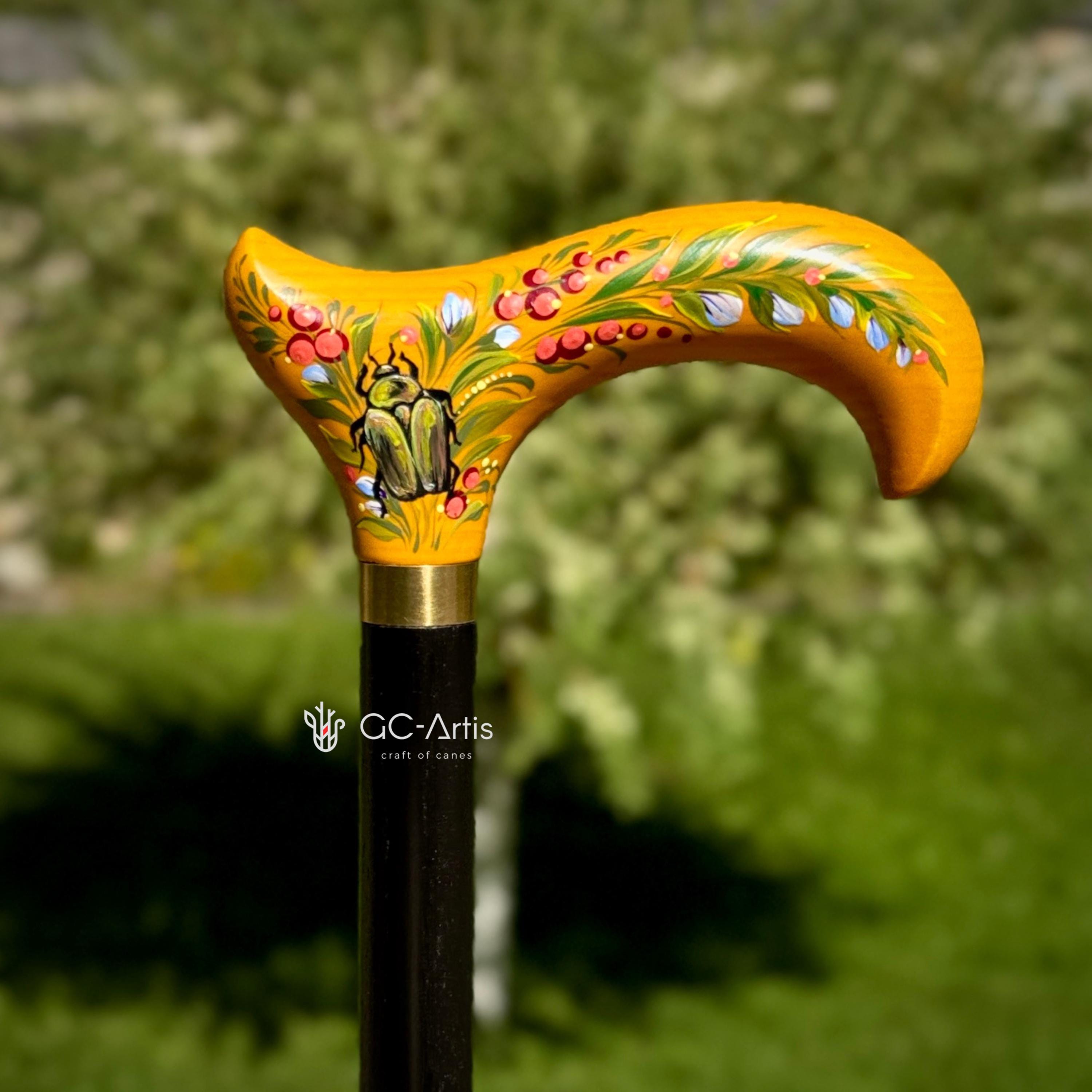 Hand-painted Walking Stick Cane with Bronze beetle - yellow derby handle, floral decoration, stylish gift - GCArtis - Classic Wooden Canes - Bronze, wood