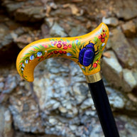 Hand-painted Walking Stick Cane with Bronze beetle - yellow derby handle, floral decoration, stylish gift - GCArtis - Classic Wooden Canes - Bronze, wood