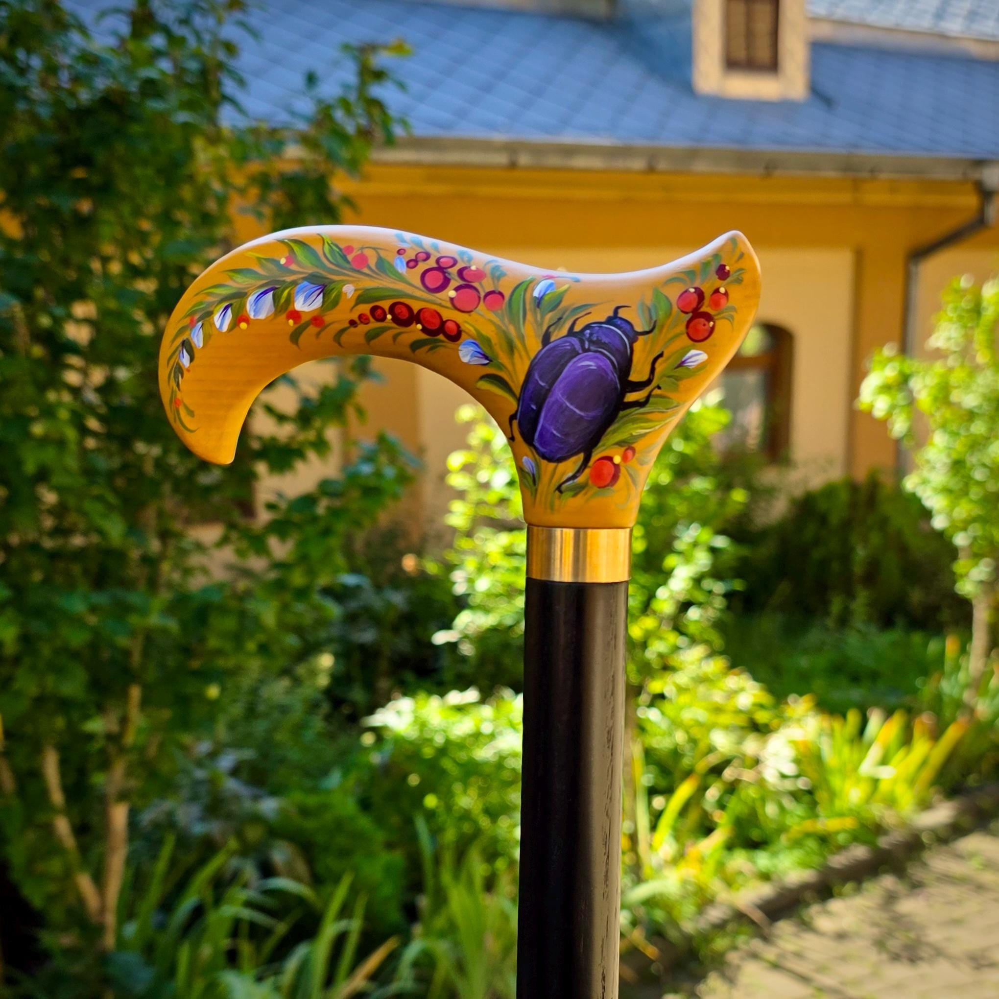 Hand-painted Walking Stick Cane with Bronze beetle - yellow derby handle, floral decoration, stylish gift - GCArtis - Classic Wooden Canes - Bronze, wood