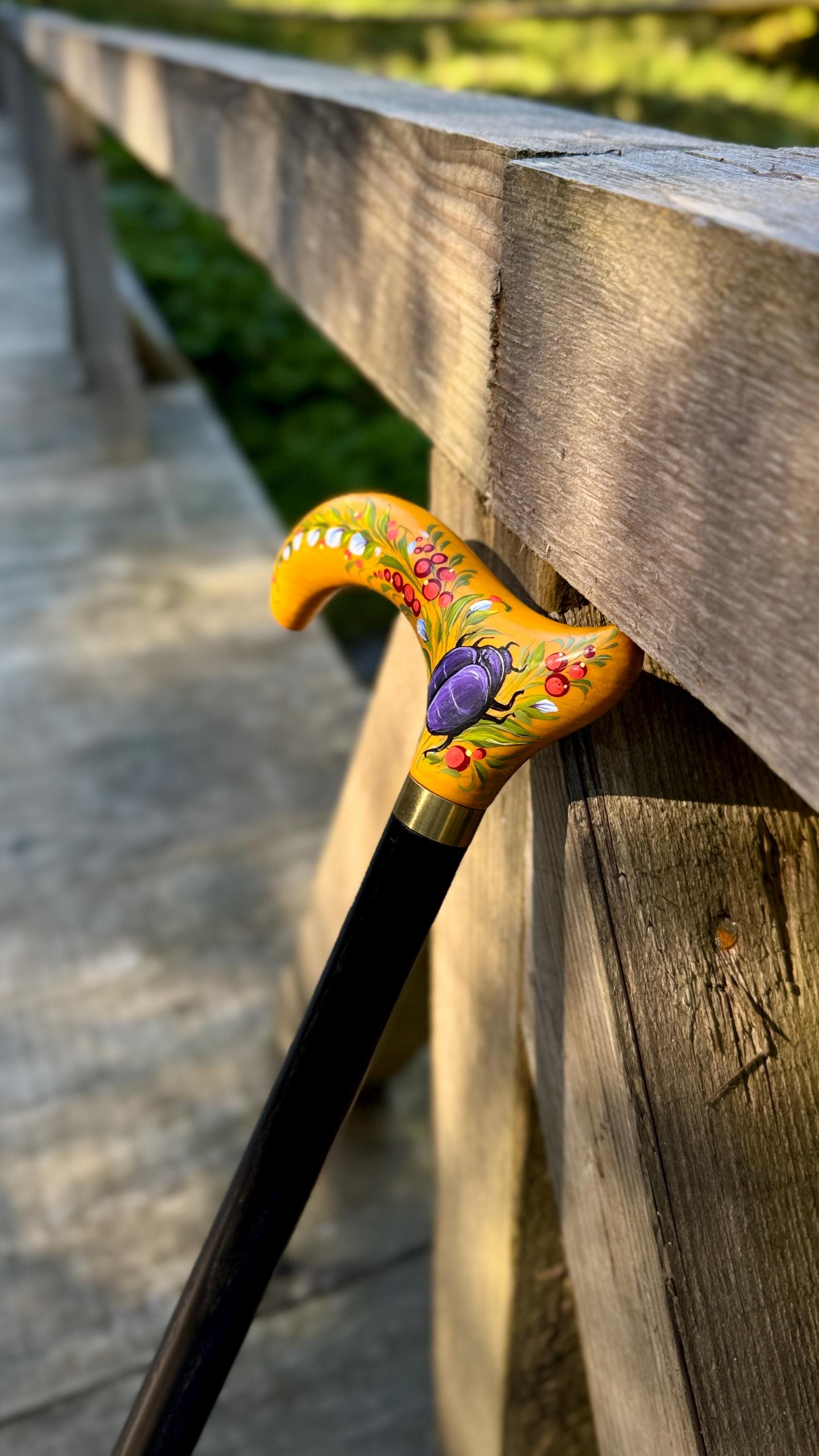 Hand-painted Walking Stick Cane with Bronze beetle - yellow derby handle, floral decoration, stylish gift - GCArtis - Classic Wooden Canes - Bronze, wood
