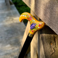 Hand-painted Walking Stick Cane with Bronze beetle - yellow derby handle, floral decoration, stylish gift - GCArtis - Classic Wooden Canes - Bronze, wood