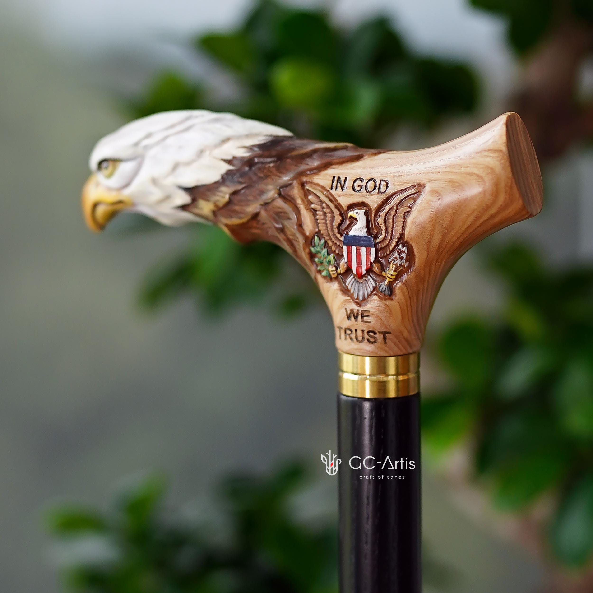 Wooden Walking Stick Cane with Bald Eagle - US Patriots, Veteran & Military Gift - GCArtis - Luxe Hand Painted Canes - Wood, Wooden, Hard wood, Metal, Bronze, Brass, Rubber, wood walking cane