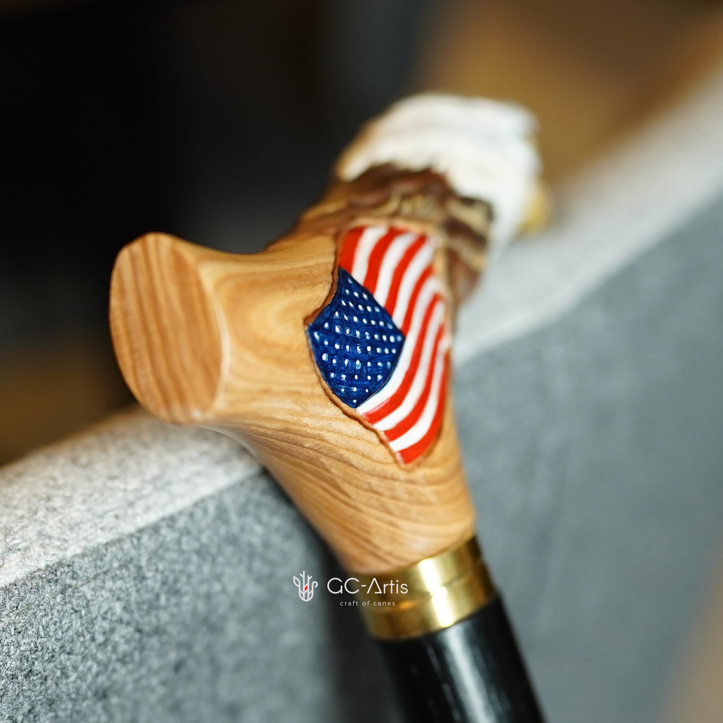 Wooden Walking Stick Cane with Bald Eagle - US Patriots, Veteran & Military Gift - GCArtis - Luxe Hand Painted Canes - Wood, Wooden, Hard wood, Metal, Bronze, Brass, Rubber, wood walking cane
