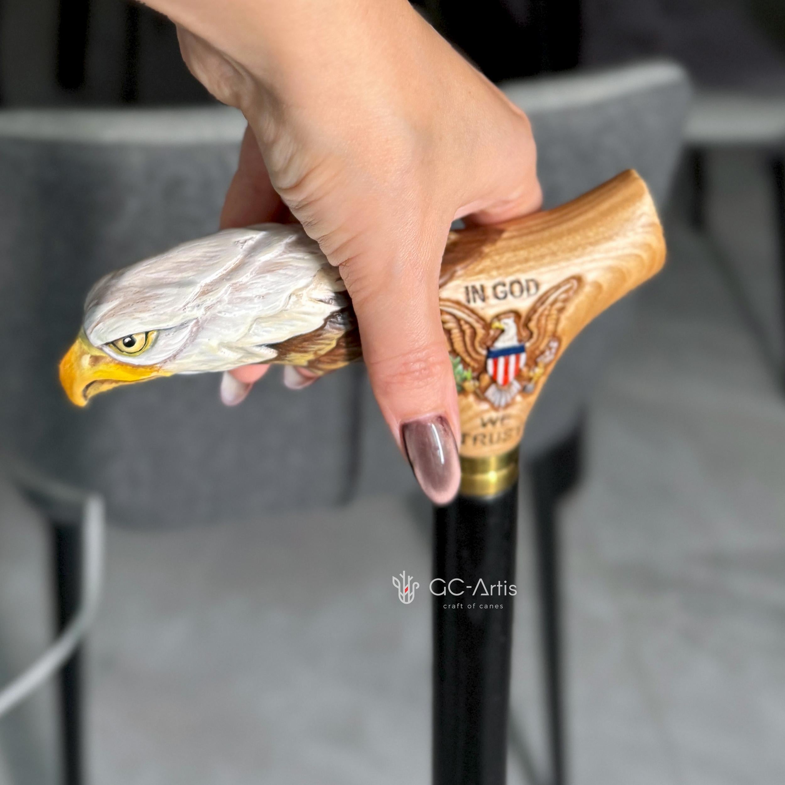 Bald Eagle US Patriotic Light Wood – Hand-Painted Artisan Walking Cane - GCArtis - Lux Hand Painted Canes - Wood, Wooden, Hard wood, Metal, Bronze, Brass, Rubber, wood walking cane