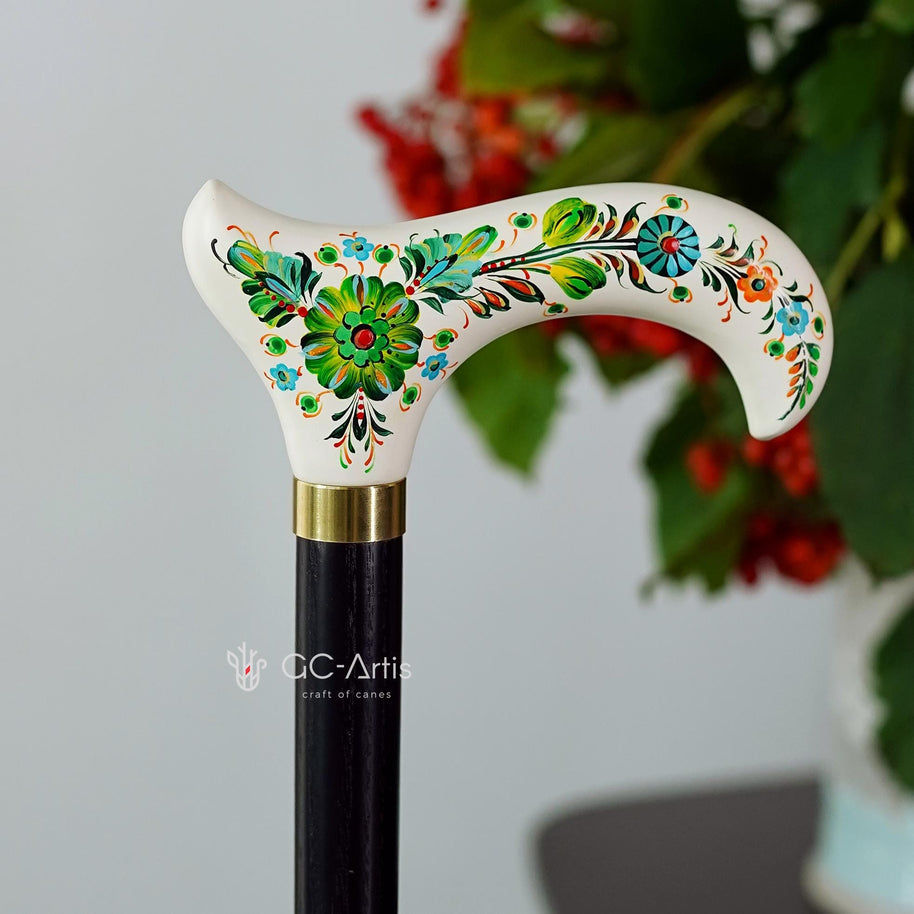 Emerald Melody on White Hand Painted – Hand-Painted Artisan Walking Cane - GCArtis - Flowered Ladies canes - Bronze, wood