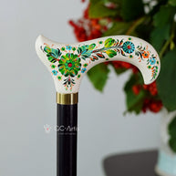 Emerald Melody on White Hand Painted – Hand-Painted Artisan Walking Cane - GCArtis - Flowered Ladies canes - Bronze, wood