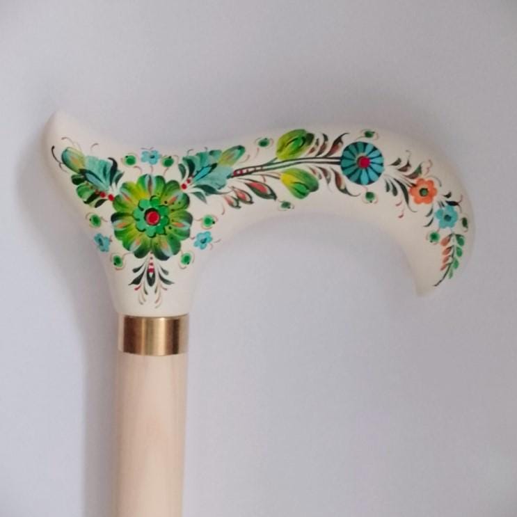 Classic Hand-painted walking stick - Emerald Melogy - pretty flower Wooden cane for women Ladies with comfortable light derby handle