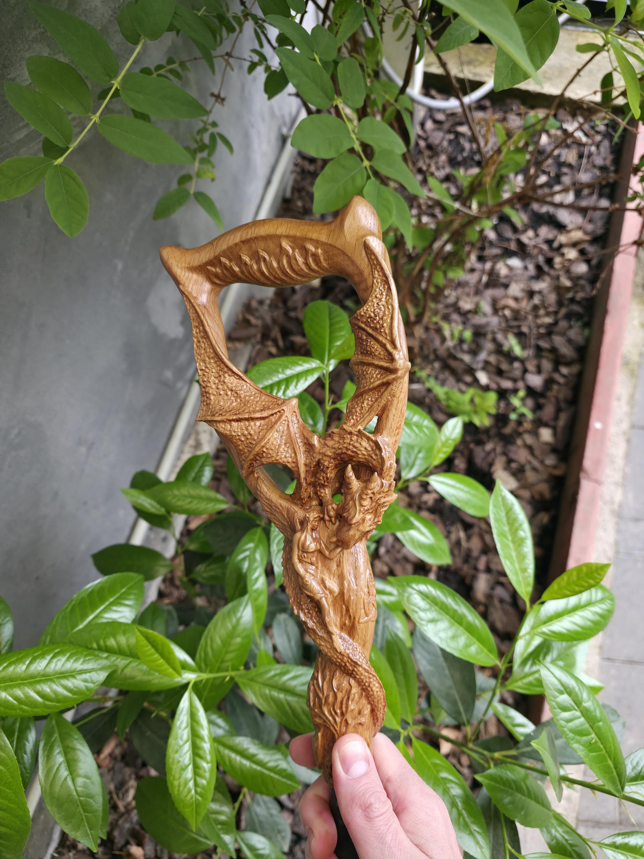 Celtic Style walking stick cane - Winged Dragon, Fairy the Tree of Life, Light Oak wood