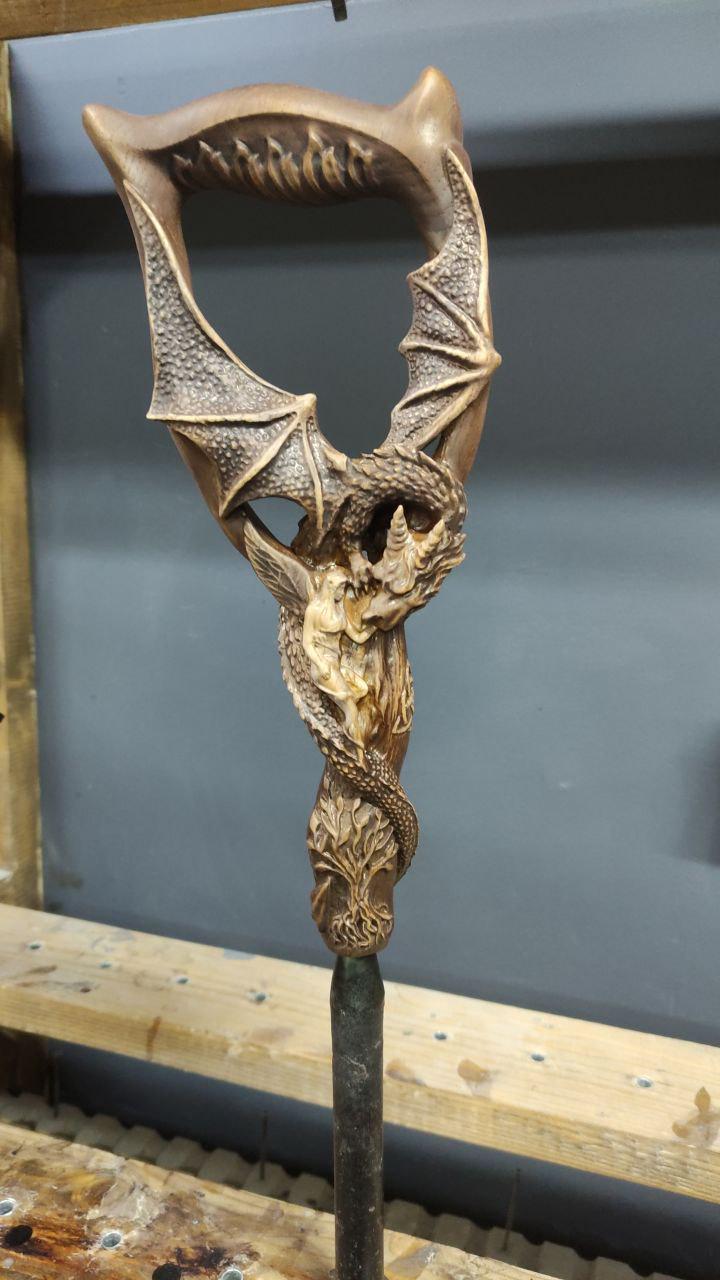 Celtic Style walking stick cane - Winged Dragon, Fairy the Tree of Life, Light Oak wood