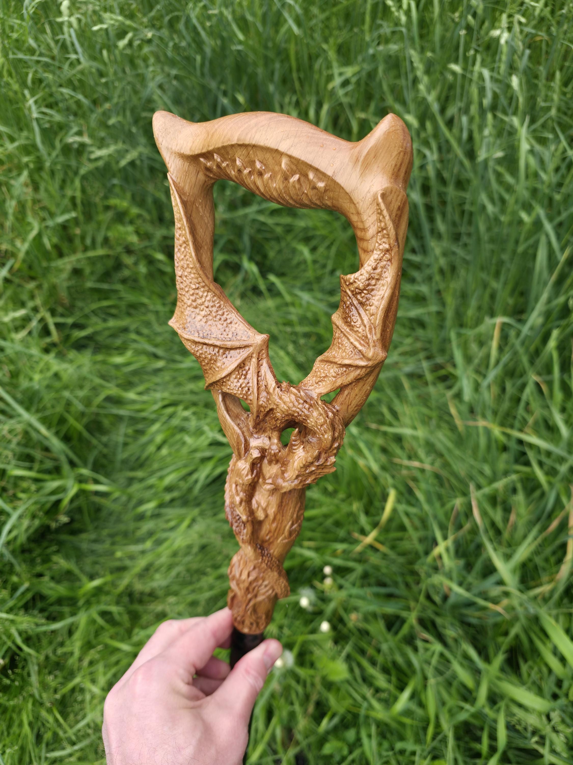 Celtic Style walking stick cane - Winged Dragon, Fairy the Tree of Life, Light Oak wood