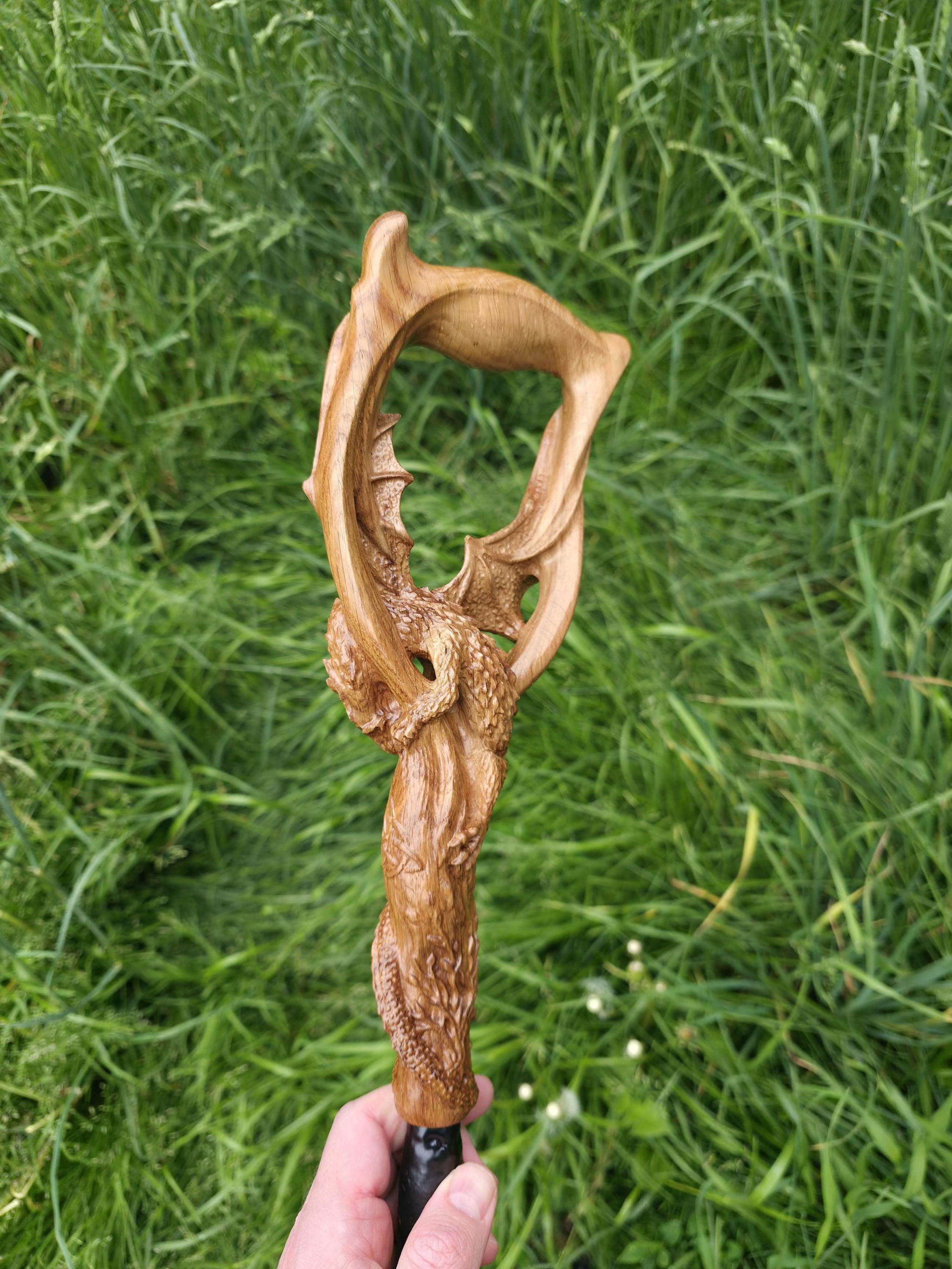 Celtic Style walking stick cane - Winged Dragon, Fairy the Tree of Life, Light Oak wood
