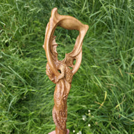Celtic Style walking stick cane - Winged Dragon, Fairy the Tree of Life, Light Oak wood