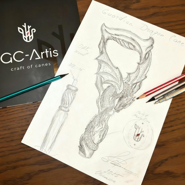 Celtic Style walking stick cane - Winged Dragon, Fairy the Tree of Life, Light Oak wood