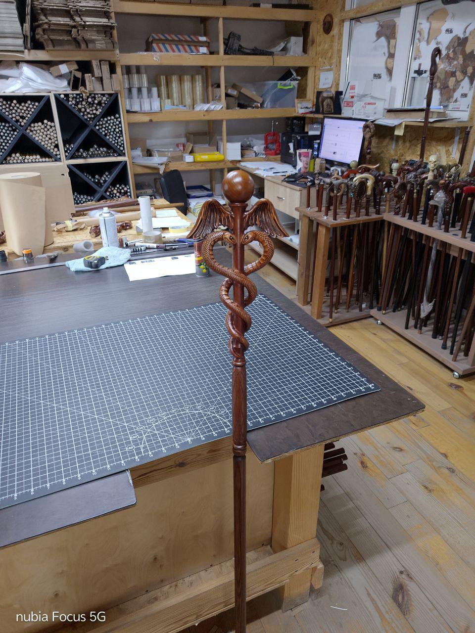 Hand Carved Caduceus Walking Stick: Ash Wood Knob Handle Cane - GCArtis - Walking Stick Staff - wood, wooden, solid wood, hard wood