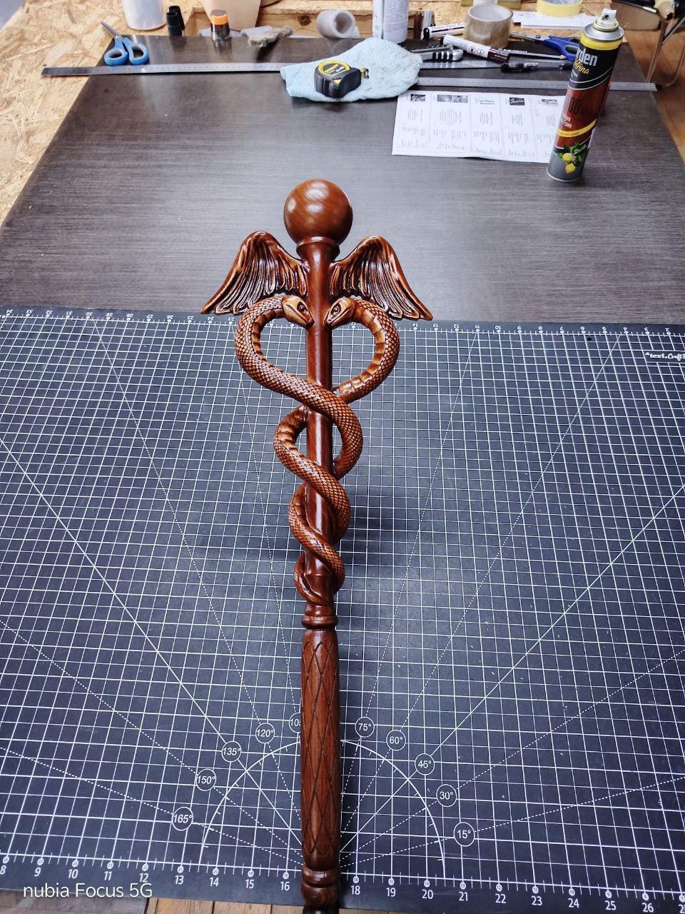 Hand Carved Caduceus Walking Stick: Ash Wood Knob Handle Cane - GCArtis - Walking Stick Staff - wood, wooden, solid wood, hard wood