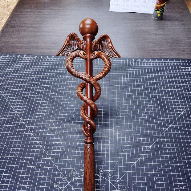Hand Carved Caduceus Walking Stick: Ash Wood Knob Handle Cane - GCArtis - Walking Stick Staff - wood, wooden, solid wood, hard wood