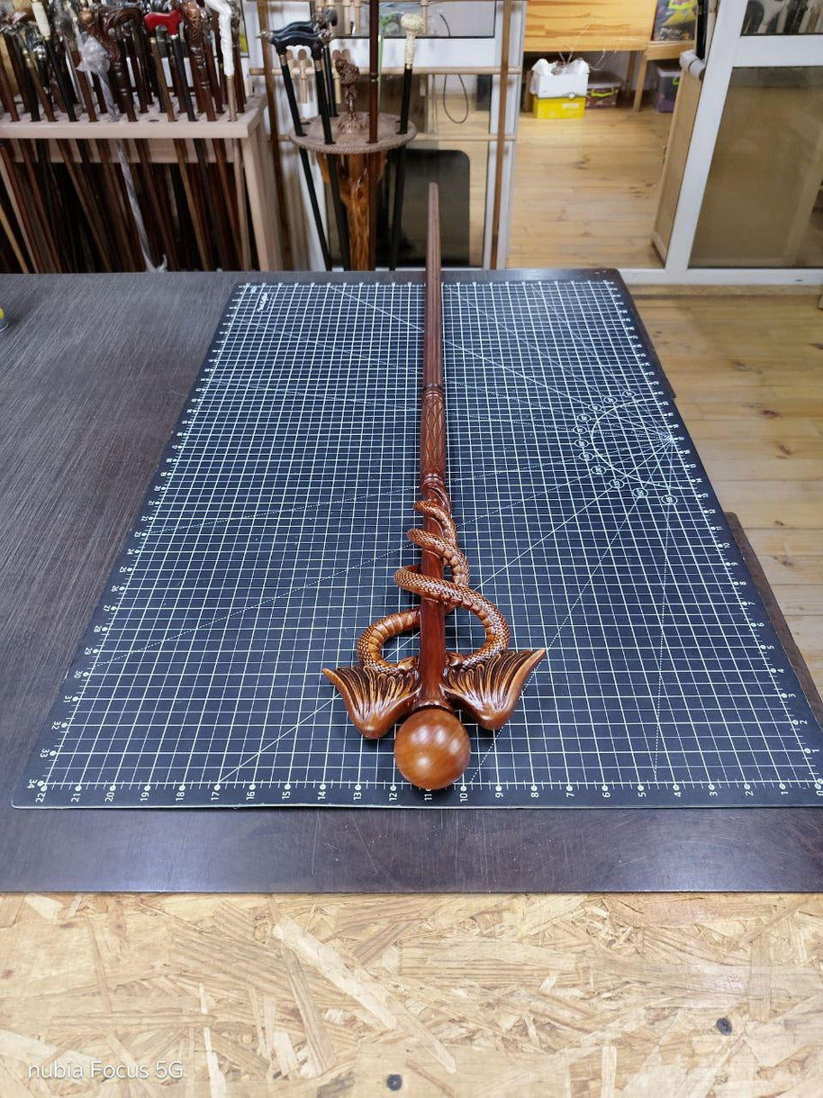 Hand Carved Caduceus Walking Stick: Ash Wood Knob Handle Cane - GCArtis - Walking Stick Staff - wood, wooden, solid wood, hard wood