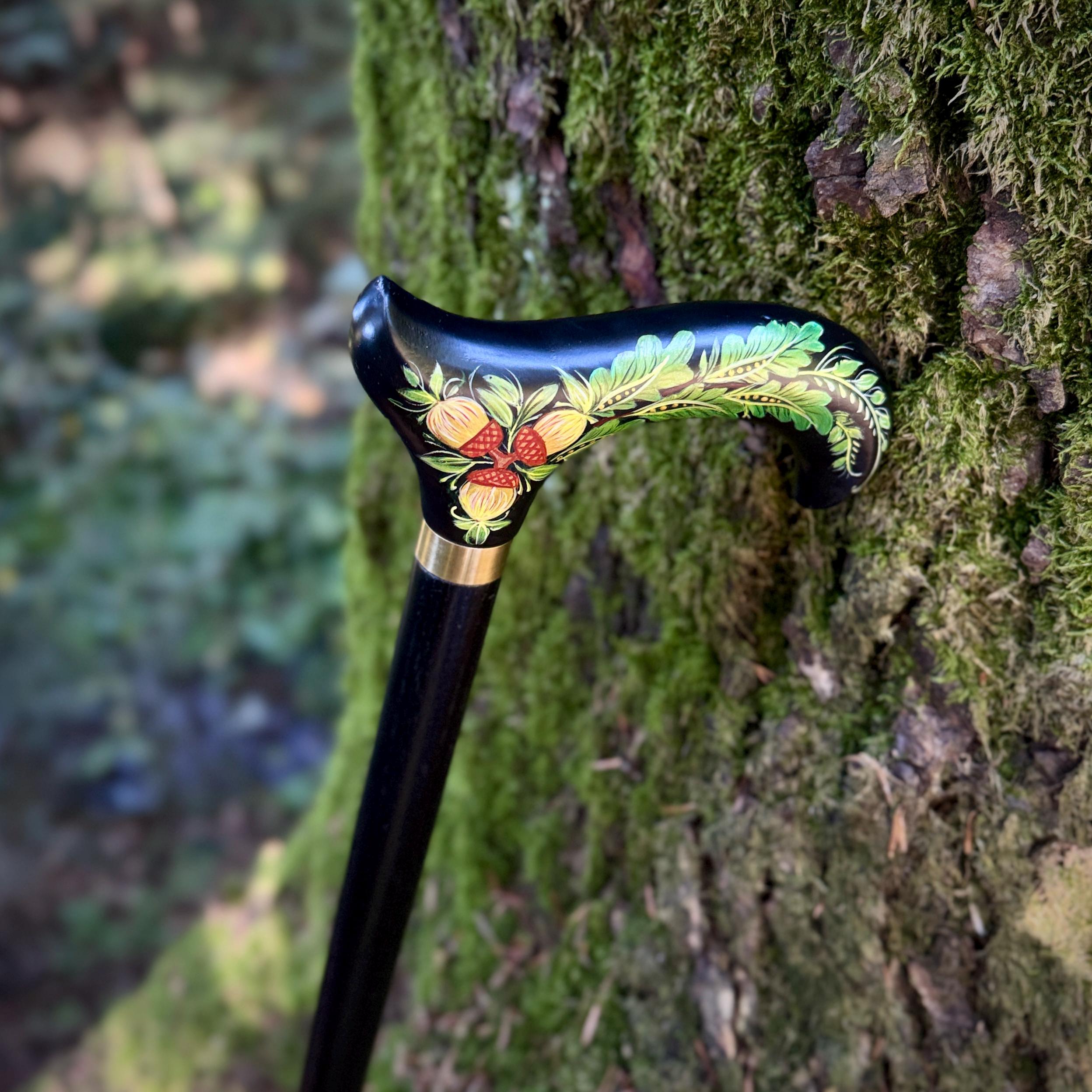 Hand Painted Walking Stick with Oak Acorns - Stylish black wooden Cane - GCArtis - Classic Wooden Canes - Bronze, wood