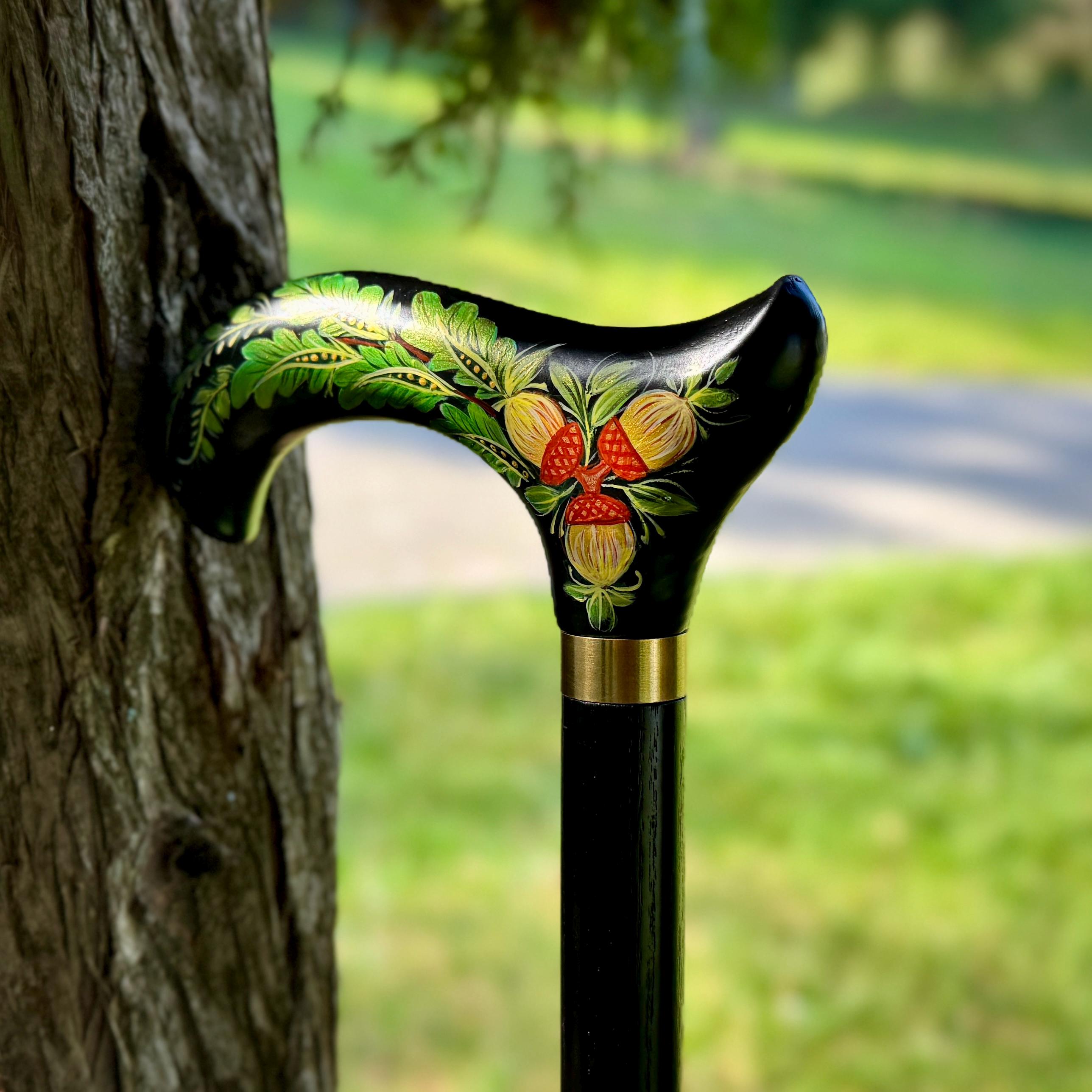 Hand Painted Walking Stick with Oak Acorns - Stylish black wooden Cane - GCArtis - Classic Wooden Canes - Bronze, wood