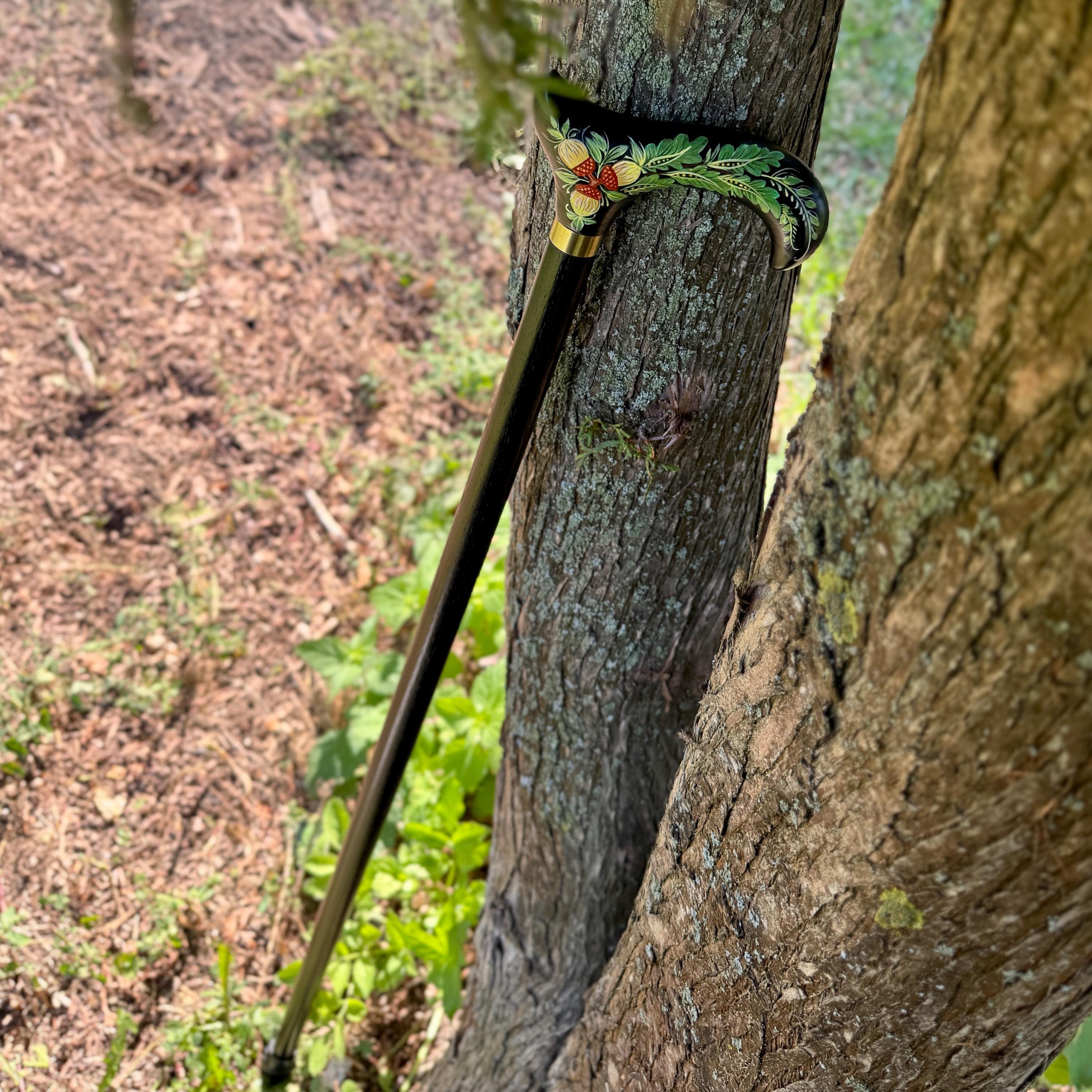 Hand Painted Walking Stick with Oak Acorns - Stylish black wooden Cane - GCArtis - Classic Wooden Canes - Bronze, wood