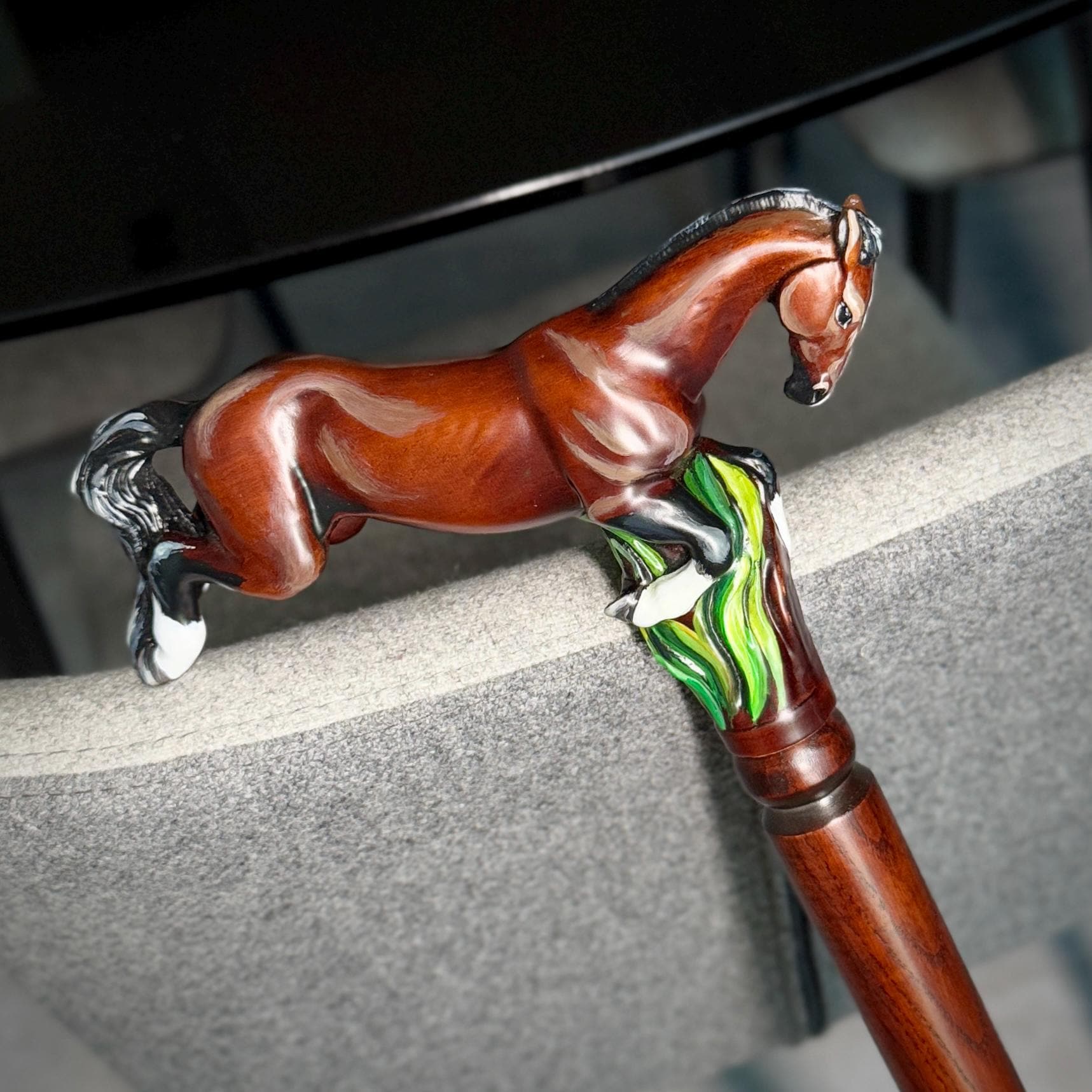 Hand-Painted Galloping Horse Wooden Walking Cane - Artistic Design - GCArtis - Luxe Hand Painted Canes - Wood, metal, rubber, colorful paint, curved wood