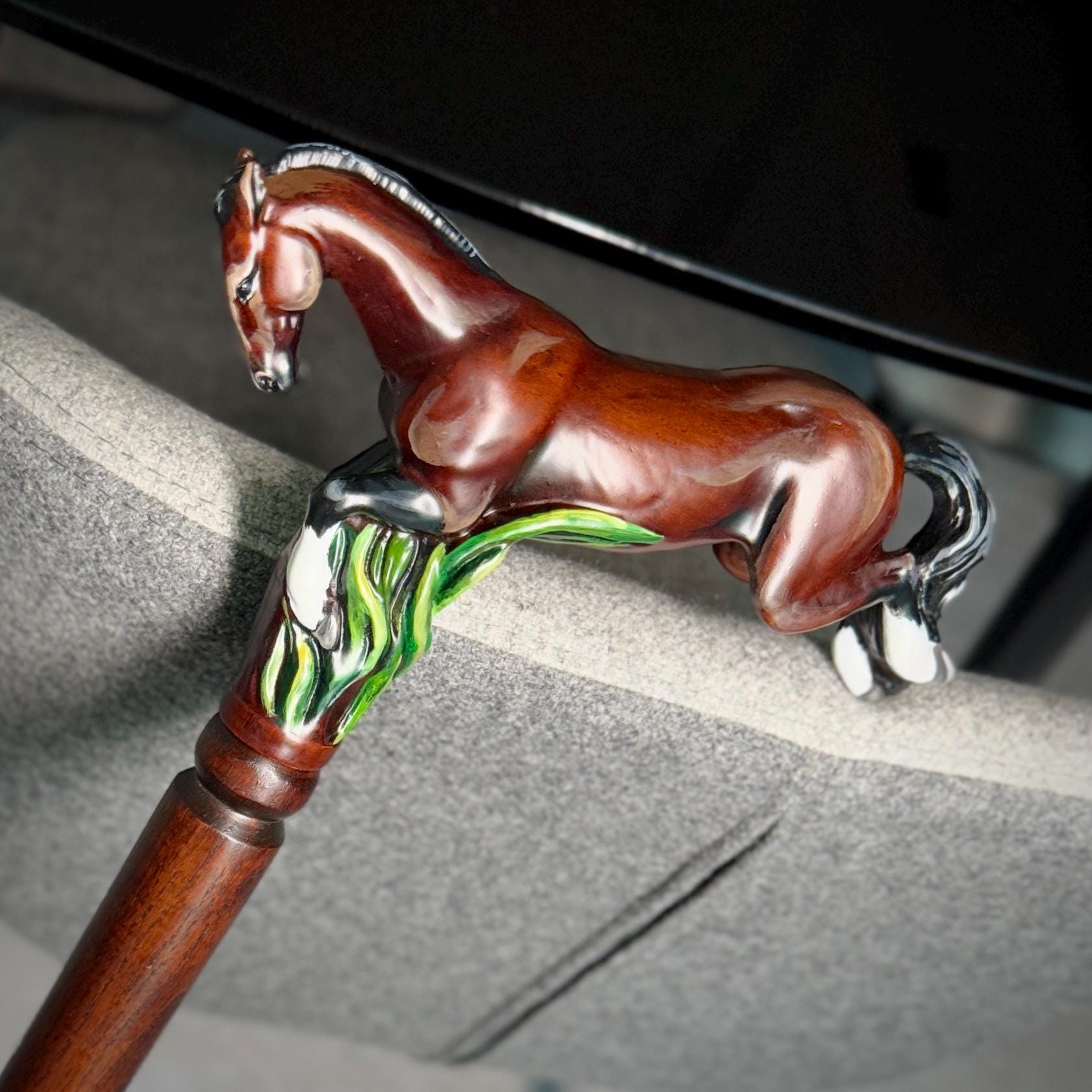 Hand-Painted Galloping Horse Wooden Walking Cane - Artistic Design - GCArtis - Luxe Hand Painted Canes - Wood, metal, rubber, colorful paint, curved wood