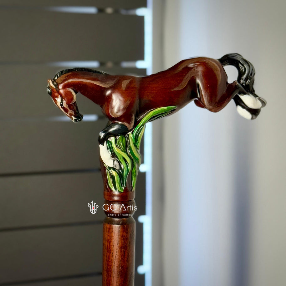 Hand-Painted Galloping Horse Wooden Walking Cane - Artistic Design - GCArtis - Luxe Hand Painted Canes - Wood, metal, rubber, colorful paint, curved wood