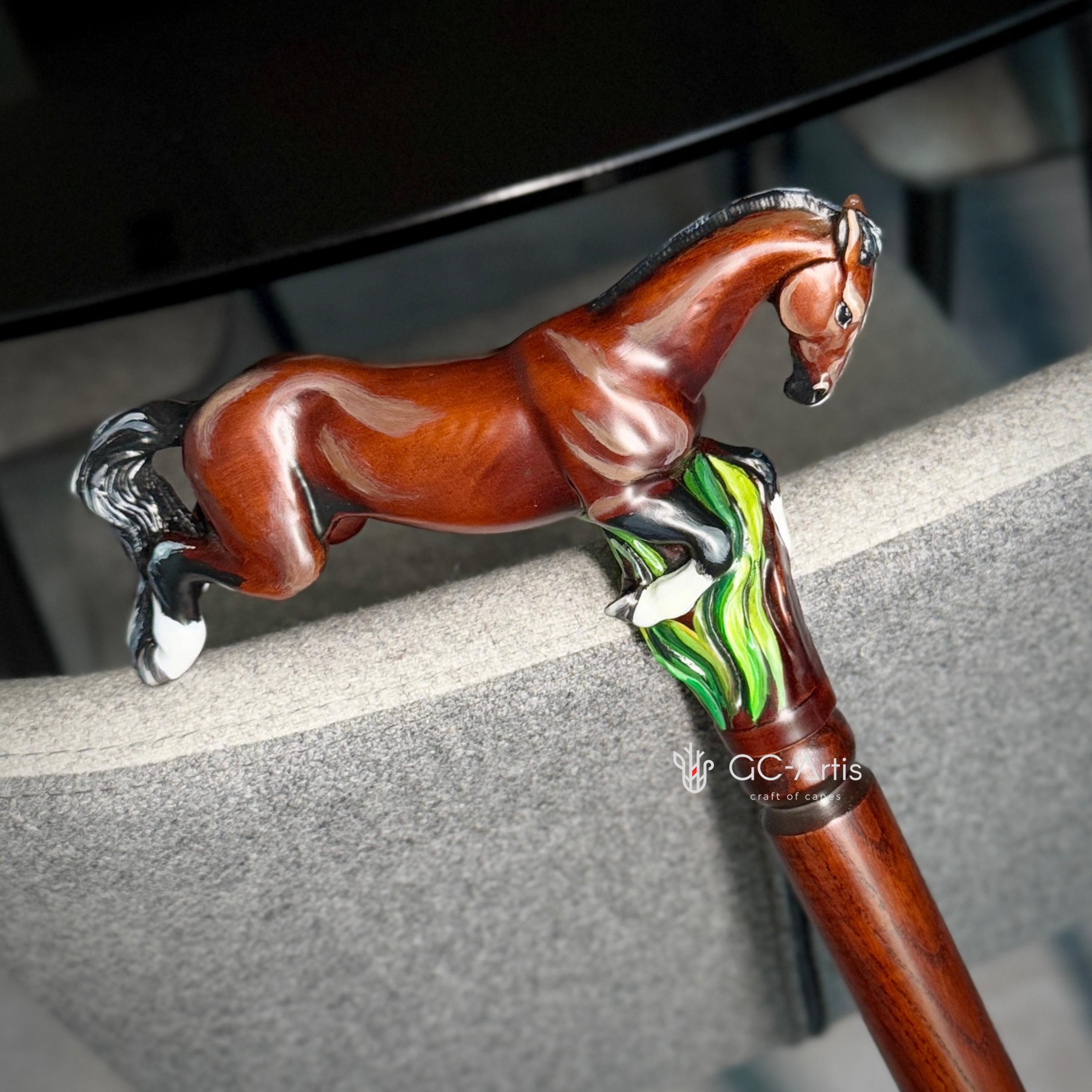 Hand-Painted Galloping Horse Wooden Walking Cane - Artistic Design - GCArtis - Luxe Hand Painted Canes - Wood, metal, rubber, colorful paint, curved wood