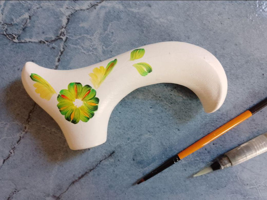 Emerald Melody on White Hand Painted – Hand-Painted Artisan Walking Cane - GCArtis - Flowered Ladies canes - Bronze, wood