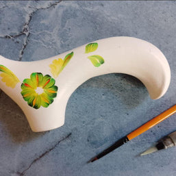 Emerald Melody on White Hand Painted – Hand-Painted Artisan Walking Cane - GCArtis - Flowered Ladies canes - Bronze, wood
