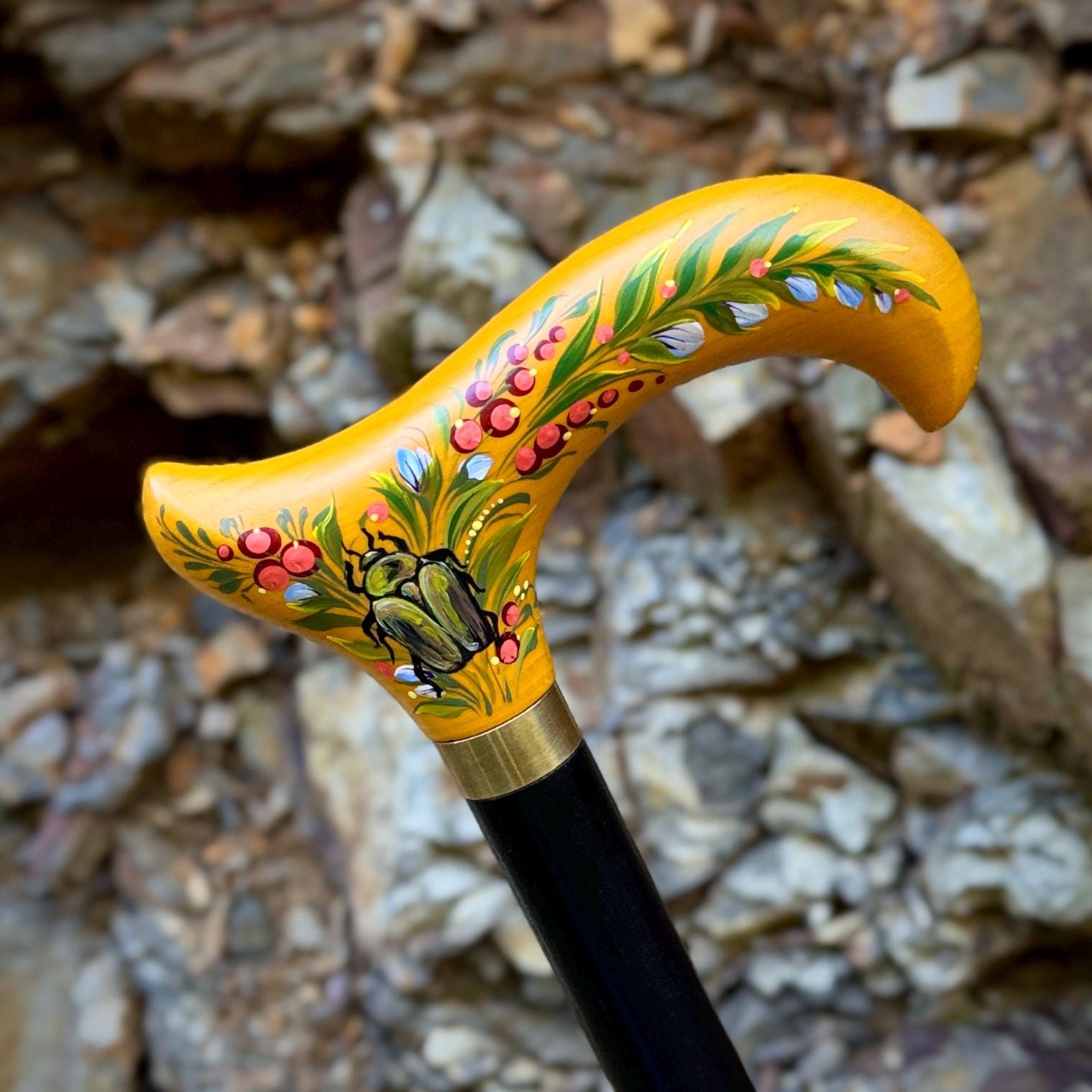Hand-painted Walking Stick Cane with Bronze beetle - yellow derby handle, floral decoration, stylish gift - GCArtis - Classic Wooden Canes - Bronze, wood