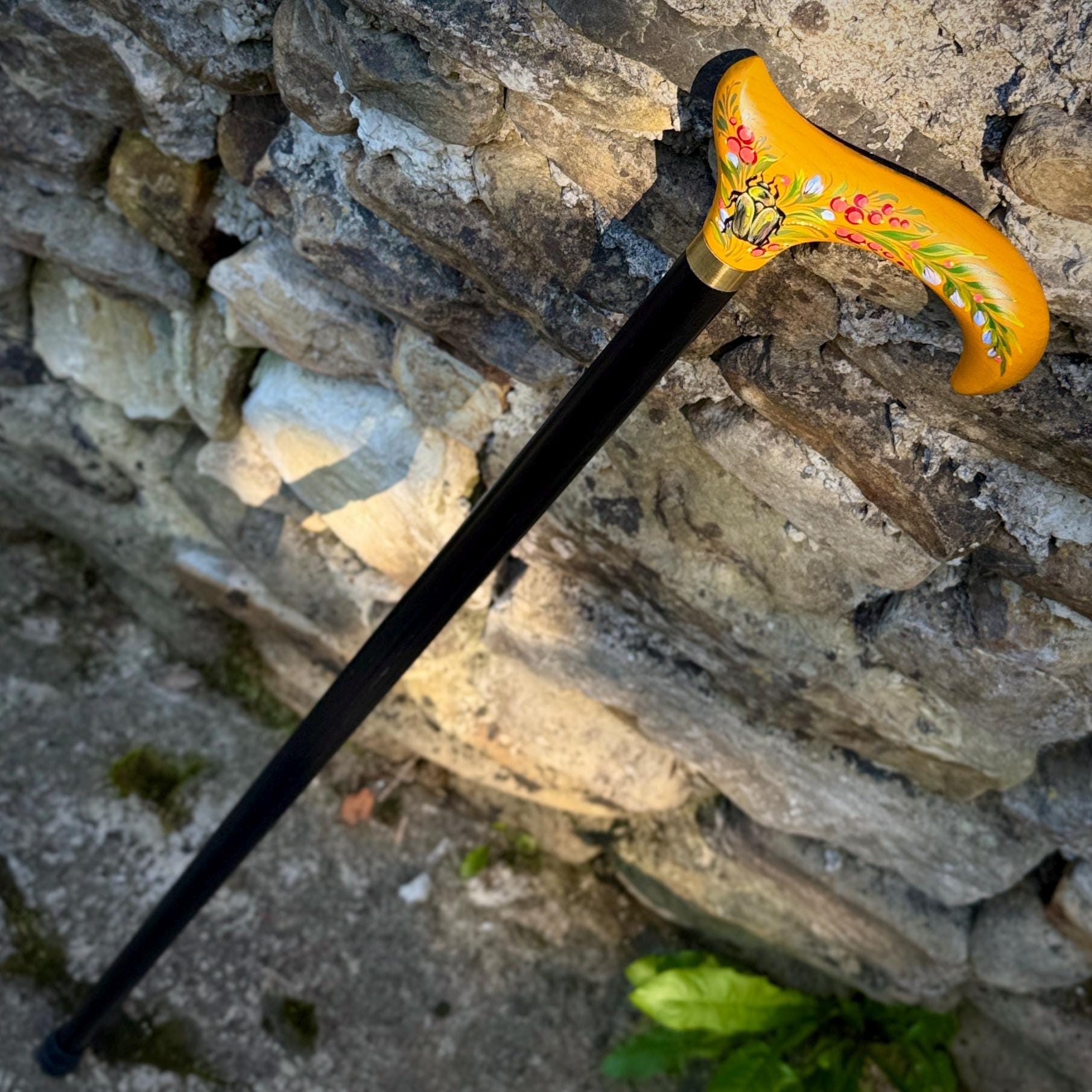 Hand-painted Walking Stick Cane with Bronze beetle - yellow derby handle, floral decoration, stylish gift - GCArtis - Classic Wooden Canes - Bronze, wood