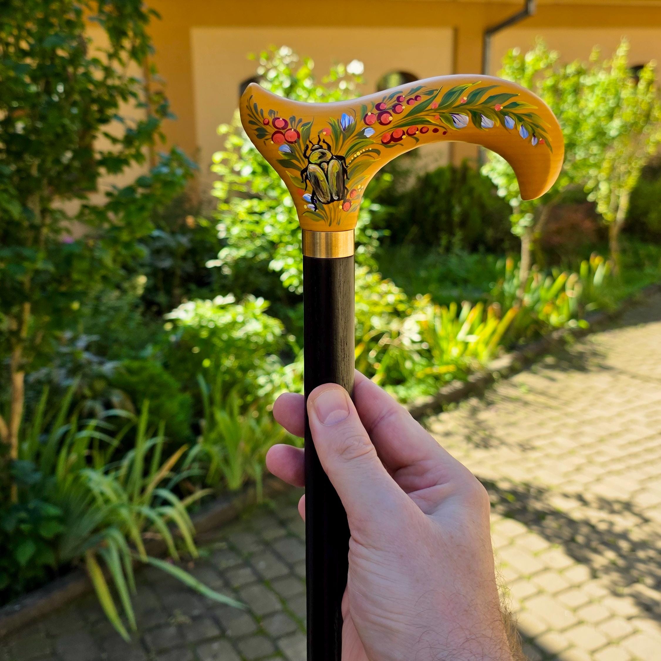 Hand-painted Walking Stick Cane with Bronze beetle - yellow derby handle, floral decoration, stylish gift - GCArtis - Classic Wooden Canes - Bronze, wood