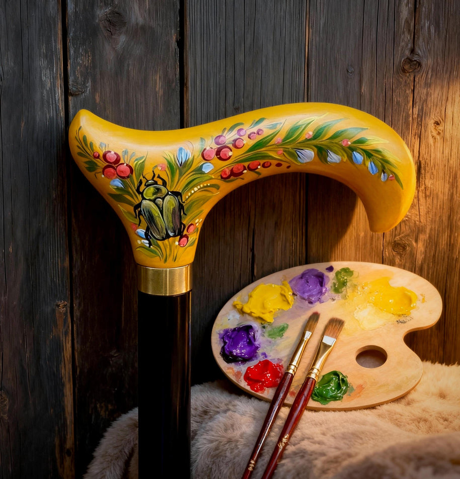 Hand-painted Walking Stick Cane with Bronze beetle - yellow derby handle, floral decoration, stylish gift - GCArtis - Classic Wooden Canes - Bronze, wood