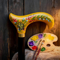 Hand-painted Walking Stick Cane with Bronze beetle - yellow derby handle, floral decoration, stylish gift - GCArtis - Classic Wooden Canes - Bronze, wood