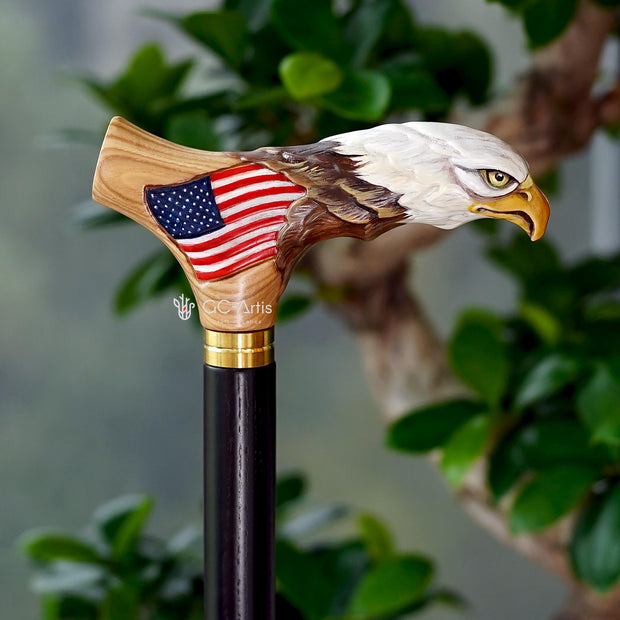 Wooden Walking Stick Cane with Bald Eagle - US Patriots, Veteran & Military Gift - GCArtis - Luxe Hand Painted Canes - Wood, Wooden, Hard wood, Metal, Bronze, Brass, Rubber, wood walking cane