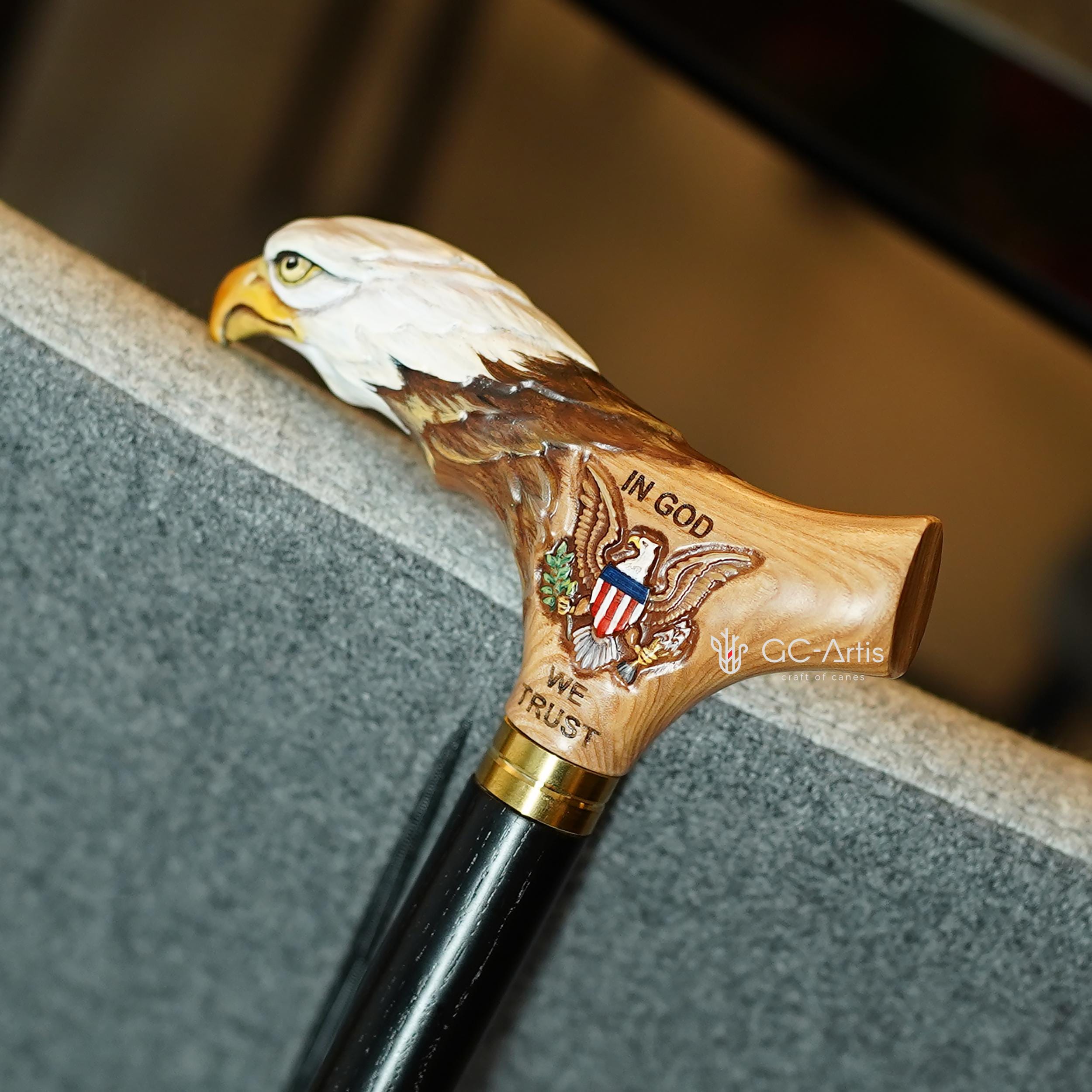 Wooden Walking Stick Cane with Bald Eagle - US Patriots, Veteran & Military Gift - GCArtis - Luxe Hand Painted Canes - Wood, Wooden, Hard wood, Metal, Bronze, Brass, Rubber, wood walking cane