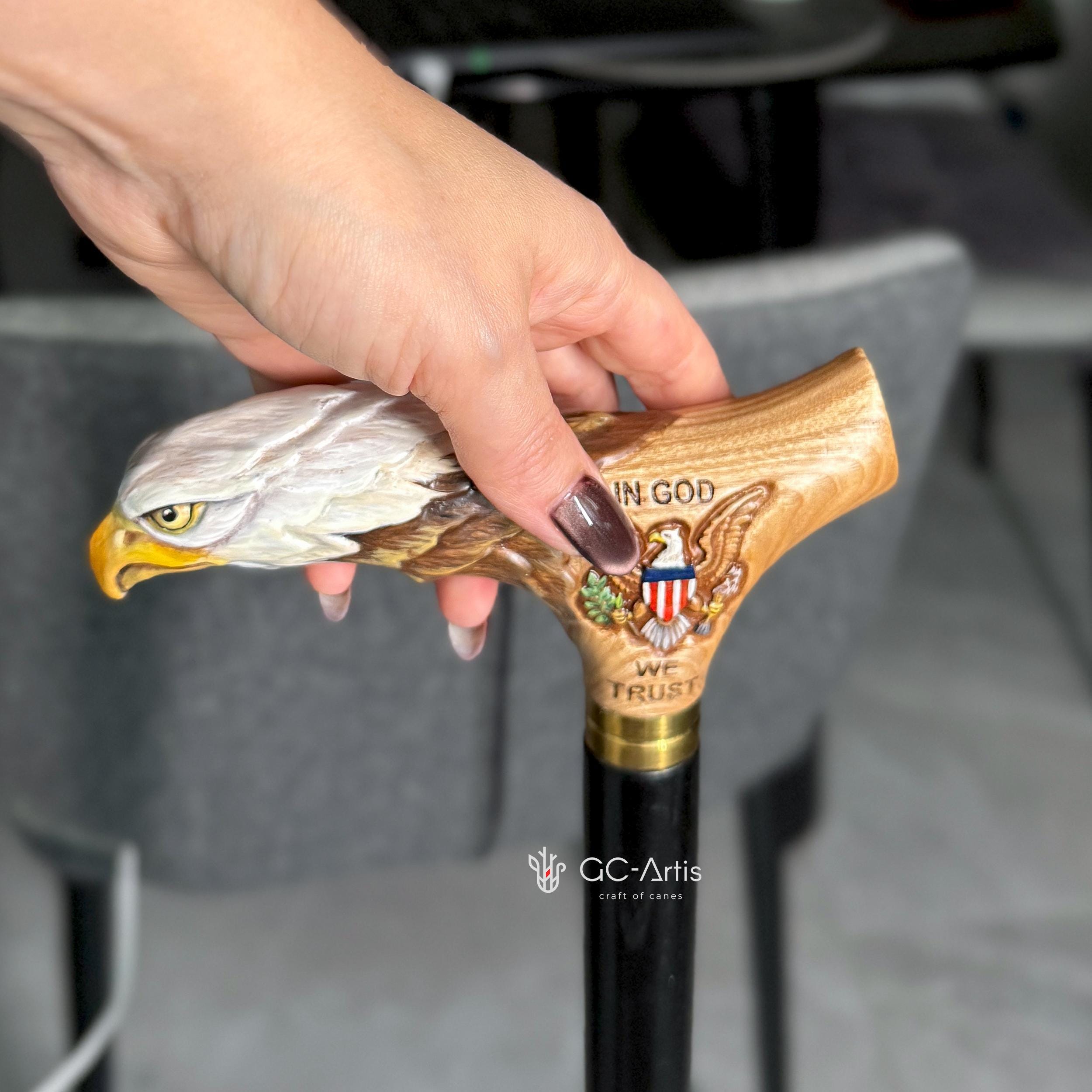 Wooden Walking Stick Cane with Bald Eagle - US Patriots, Veteran & Military Gift - GCArtis - Luxe Hand Painted Canes - Wood, Wooden, Hard wood, Metal, Bronze, Brass, Rubber, wood walking cane